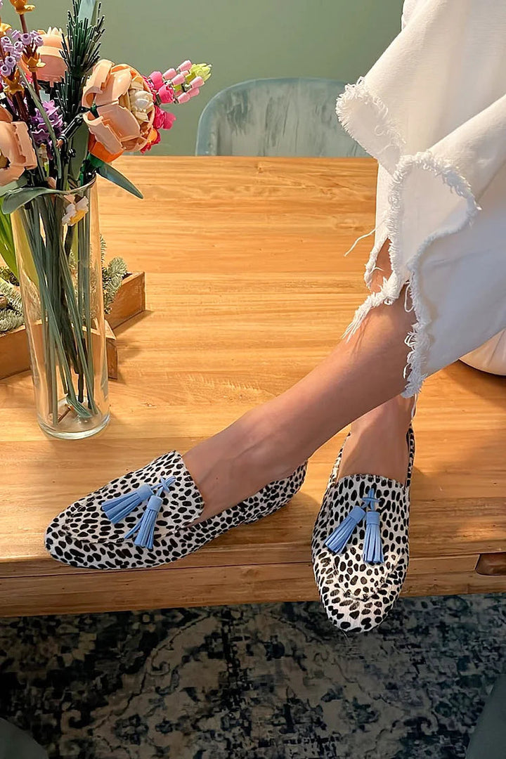 SPOTTED LOAFERS WITH BLUE TASSELS