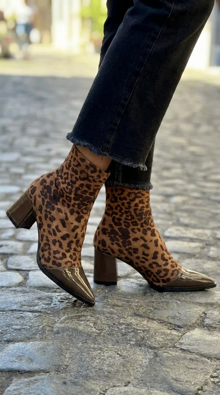 ANIMAL PRINT ANKLE BOOTS WITH SHINY TOE