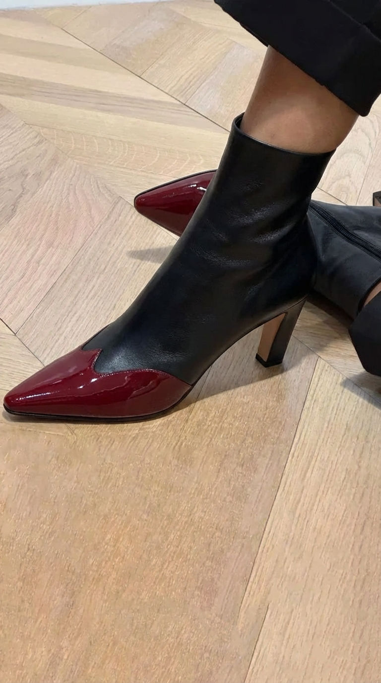 TWO-TONE LACQUERED POINTED ANKLE BOOT