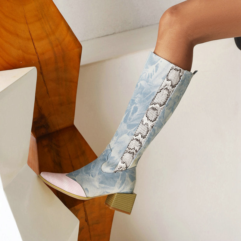 DENIM BOOTS WITH SNAKE DETAIL