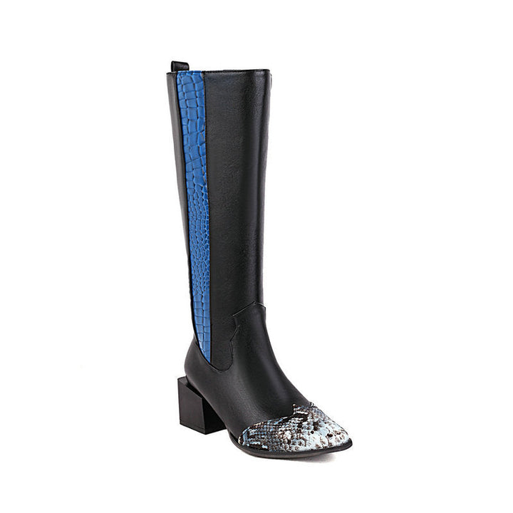 BLACK TALL BOOTS WITH SNAKESKIN DETAIL