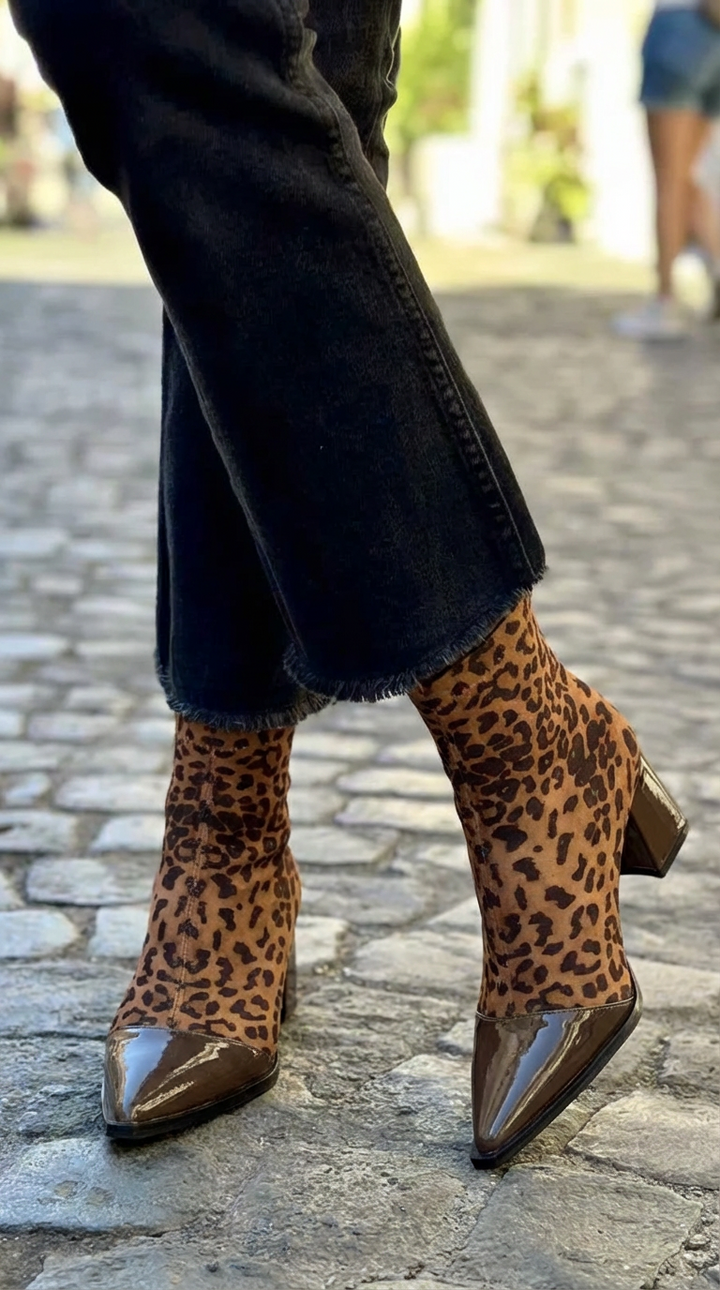 ANIMAL PRINT ANKLE BOOTS WITH SHINY TOE