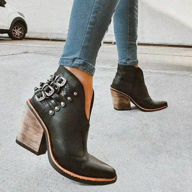 ANKLE BOOT WITH HEEL AND DECORATIVE BUCKLES