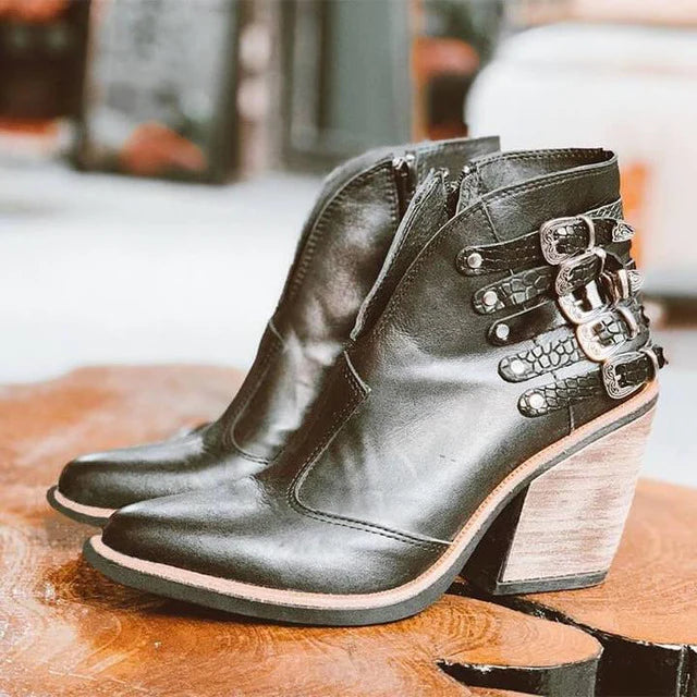 ANKLE BOOT WITH HEEL AND DECORATIVE BUCKLES